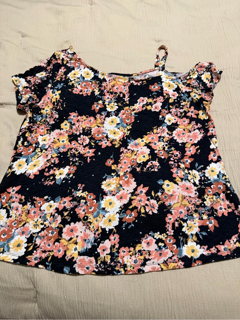 Maurices Navy Floral Cold Shoulder Top with Pink & Yellow Blooms